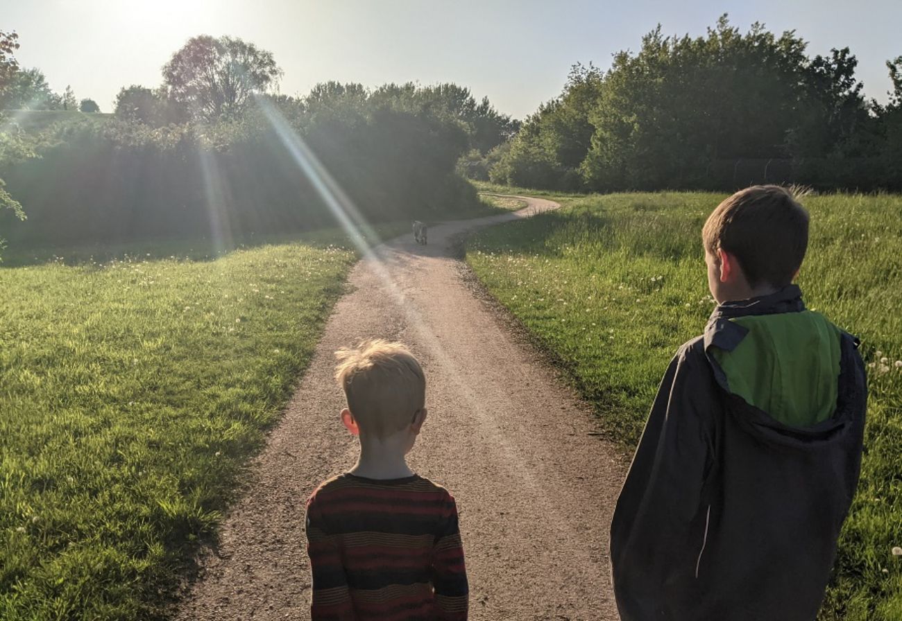 Ginas zwei Söhne auf einem Feldweg mit Hund im Gegenlicht