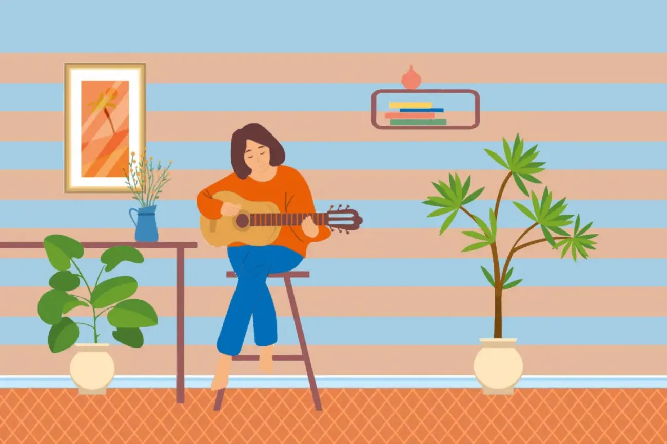 Frau, die auf einem Hocker sitzend Gitarre spielt (Zeichnung)